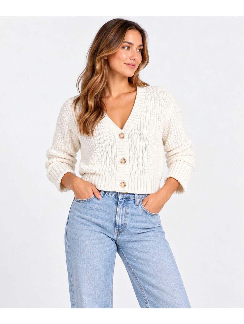 Abercrombie & Fitch Cream Textured Knit Cropped Cardigan Sweater M